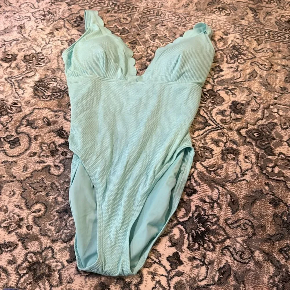 NWT Kate Spade Plunge One Piece Swimsuit Pique Scallops in Low Tide Aqua Size XL